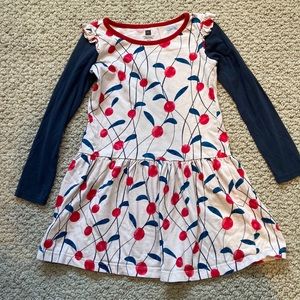 Tea Collection Cream/Grey Red Cherry Dress with Ruffle Sleeve Top & Flared Skirt